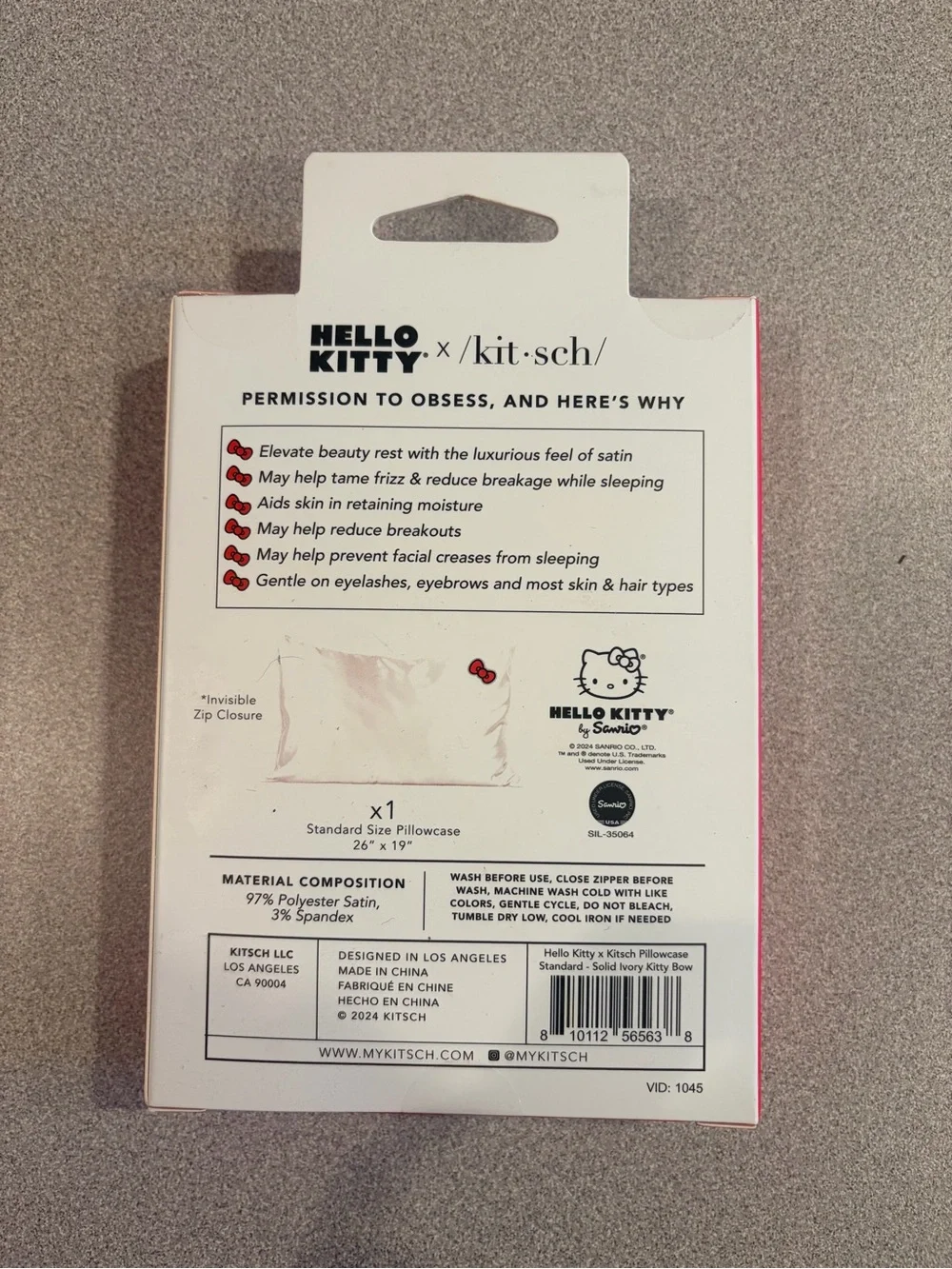 NWT Kitsch Hello Kitty White Satin Pillowcase with Red Bow Accent